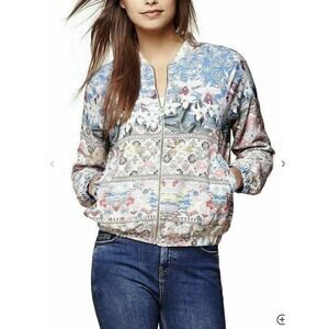 Yumi Floral Bomber Jacket Size 12 Lightweight Zip Up boho eclectic coastal